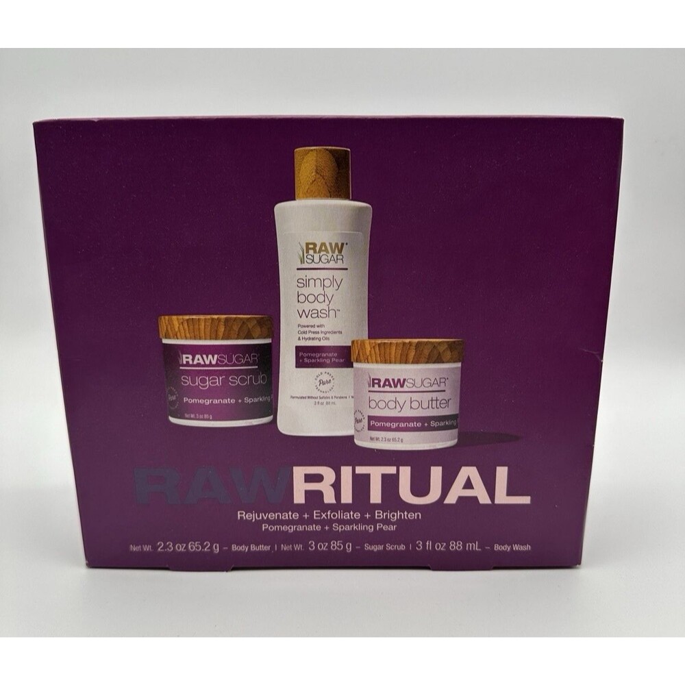 Raw Sugar Raw Ritual Kit Sugar Scrub Body Butter & Body Wash Pomegranate & Pear